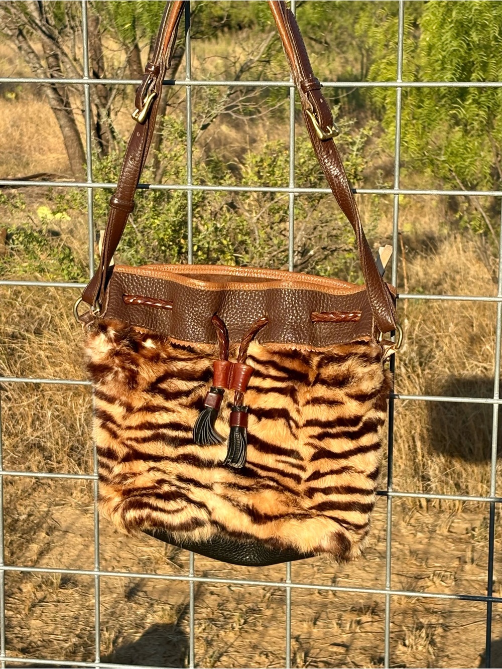 Dooney and Bourke Real Fox Fur and Brown Tmoro Pebbled Leather Shoulder Bag